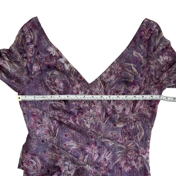 Marchesa Notte Floral Chiffon‎ Asymmetric Ruffle Maxi Dress 6 Purple Romantic - Picture 13 of 16